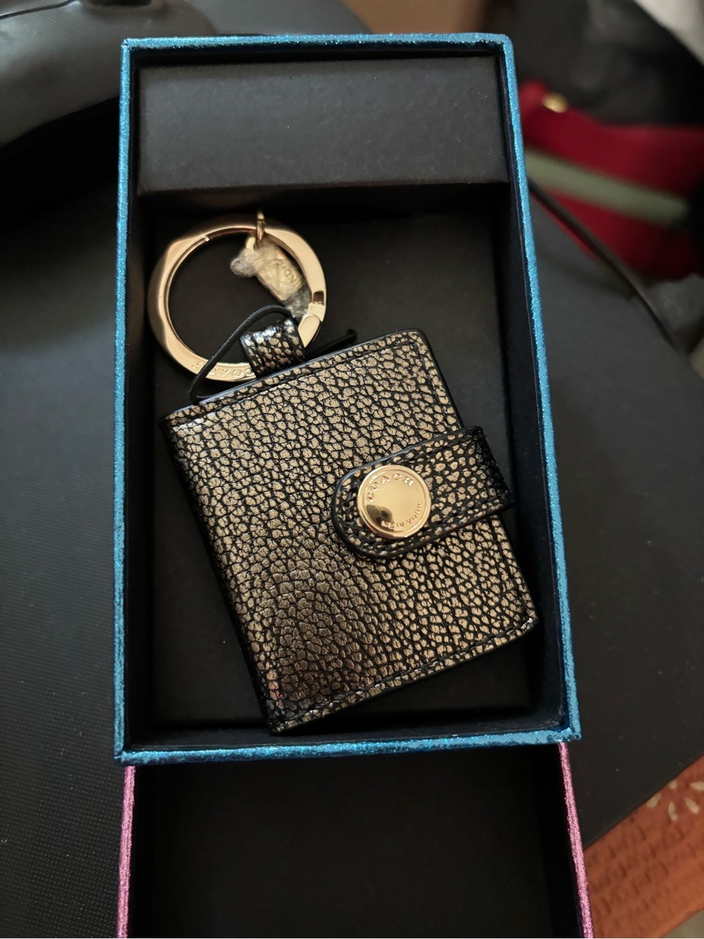 NIB Coach Gold-Accent Black Textured Keychain Wallet